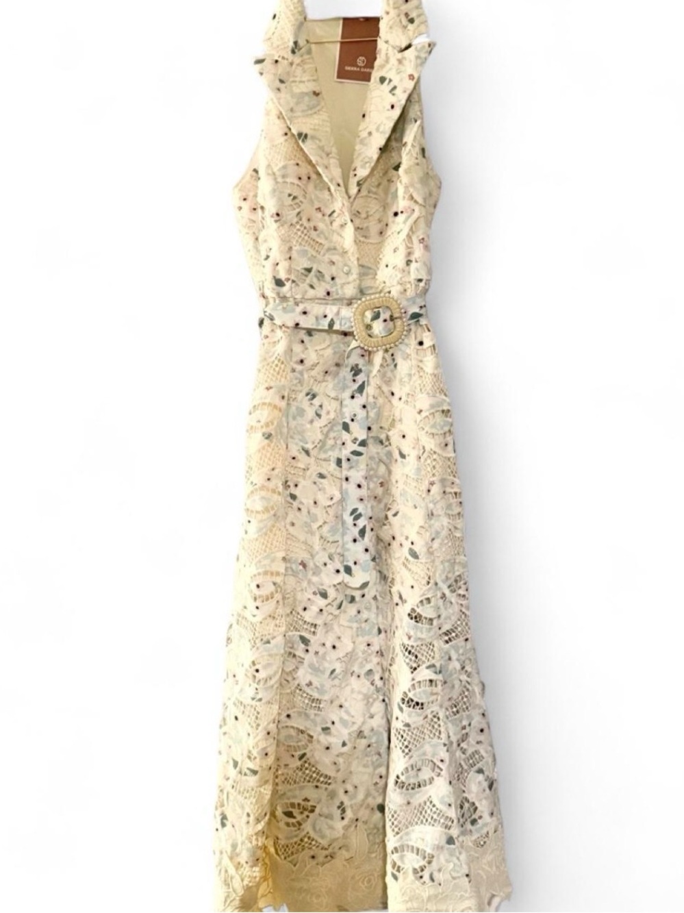 HALTER LACE MIDI DRESS WITH BELTED WAIST – IVORY